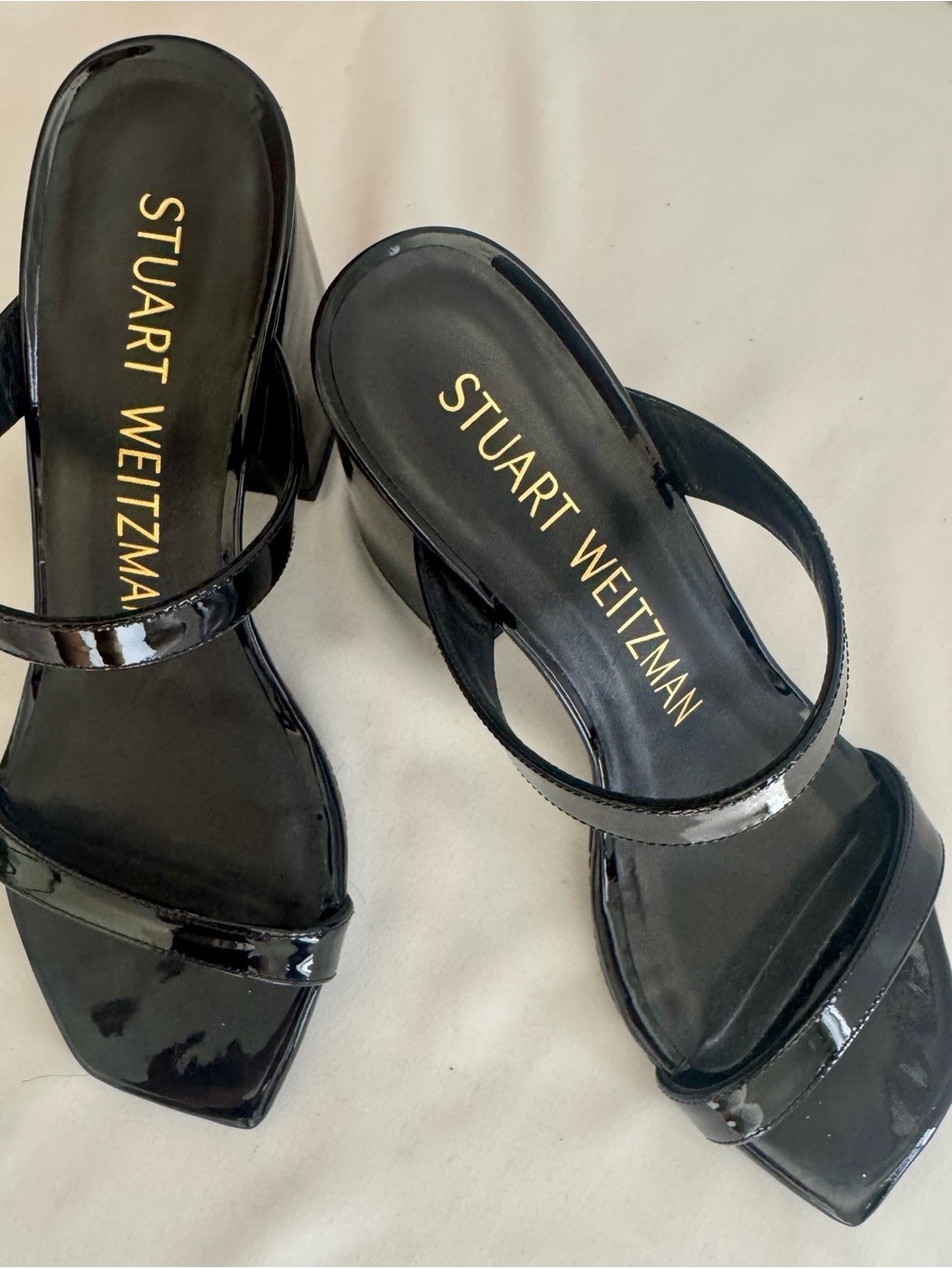 Stuart Weitzman Black Patent Leather Double-Strap Slide Mules Block Heels 6